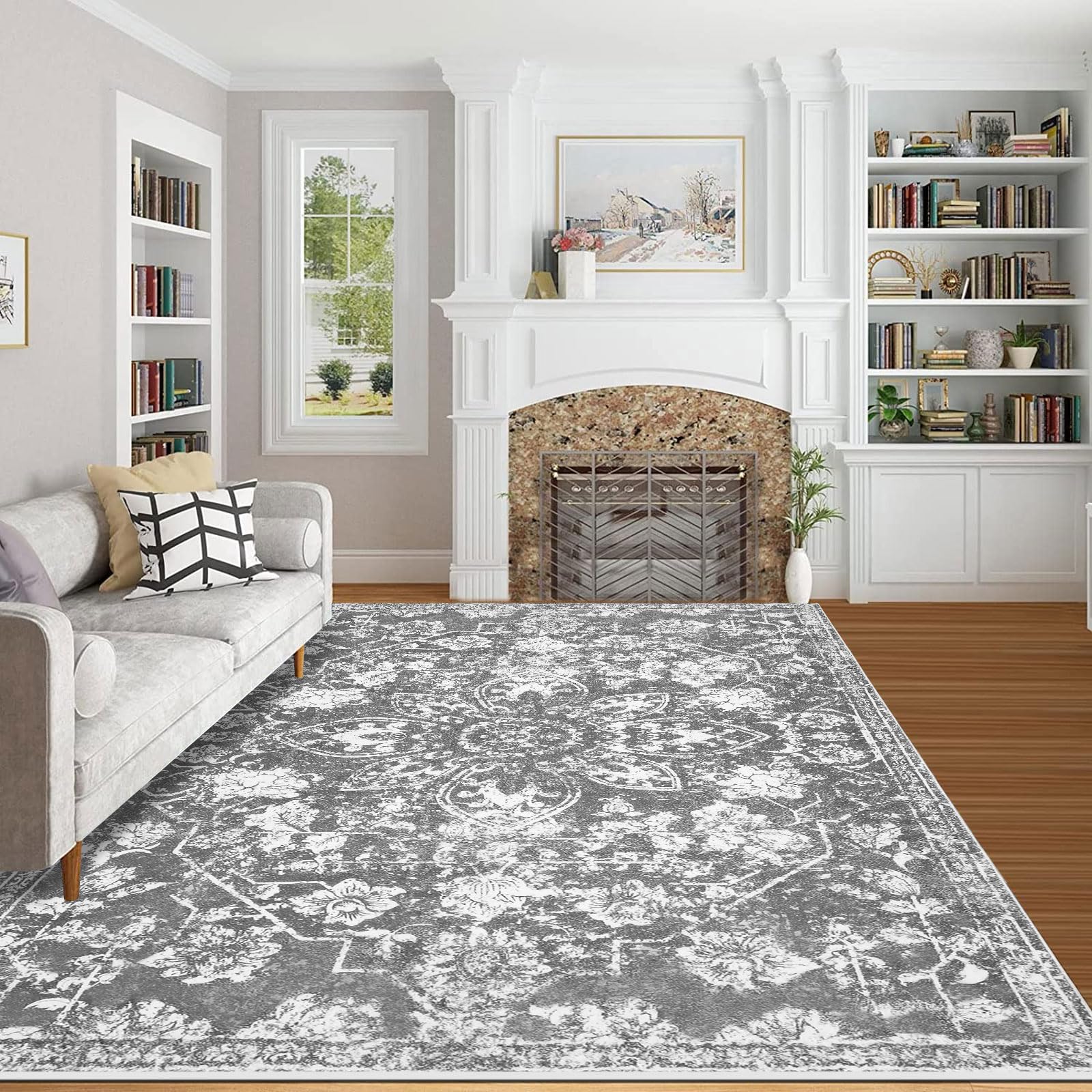 Pauwer Area Rug 5x7 Rug, Distressed Low Pile Non-Slip Non-Shedding Floral Print Large Accent Rug, Washable Carpet Indoor Mat for Living Room Bedroom Dining Room