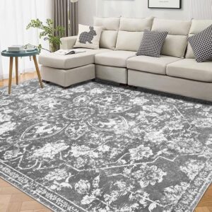 Pauwer Area Rug 5x7 Rug, Distressed Low Pile Non-Slip Non-Shedding Floral Print Large Accent Rug, Washable Carpet Indoor Mat for Living Room Bedroom Dining Room