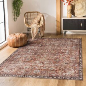 Valenrug Washable Rug 5x7 - Ultra-Thin Antique Collection Area Rug, Stain Resistant Rugs for Living Room Bedroom, Distressed Vintage Rug(Orange, 5'x7')