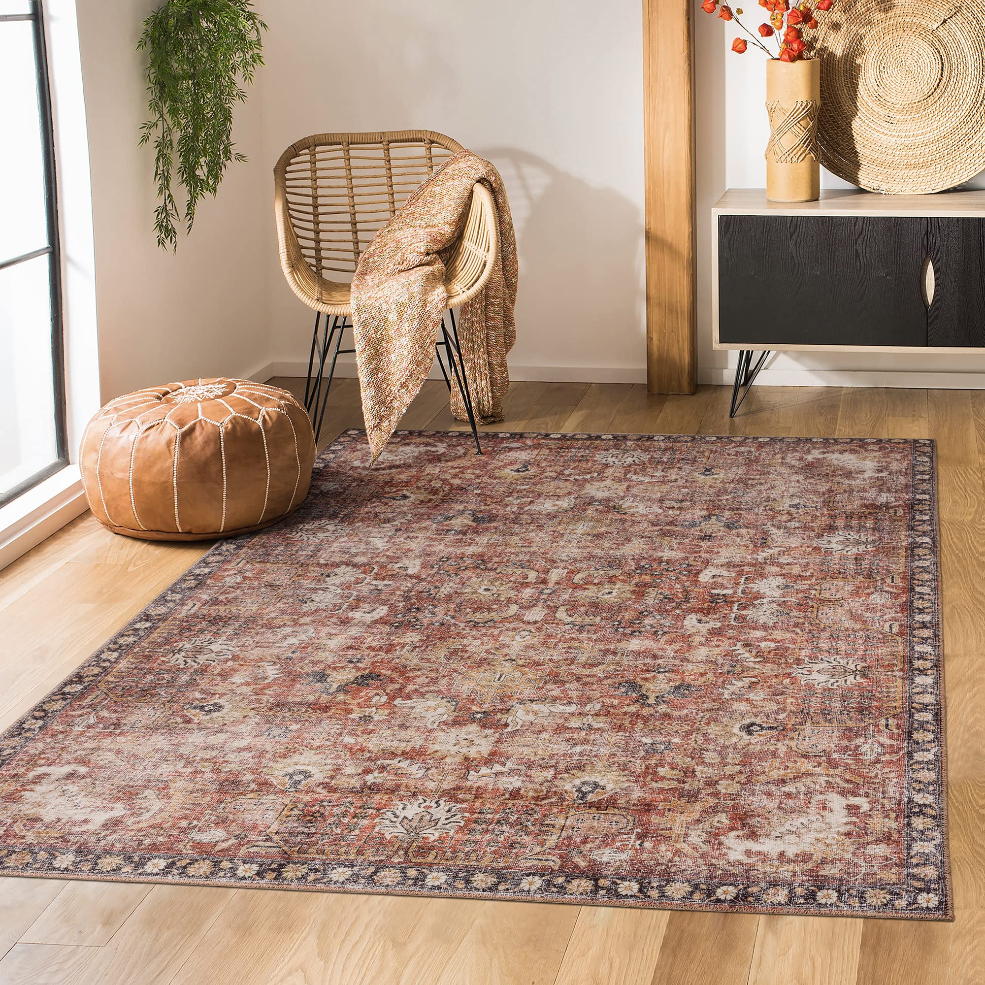 Valenrug Washable Rug 5x7 - Ultra-Thin Antique Collection Area Rug, Stain Resistant Rugs for Living Room Bedroom, Distressed Vintage Rug(Orange, 5'x7')