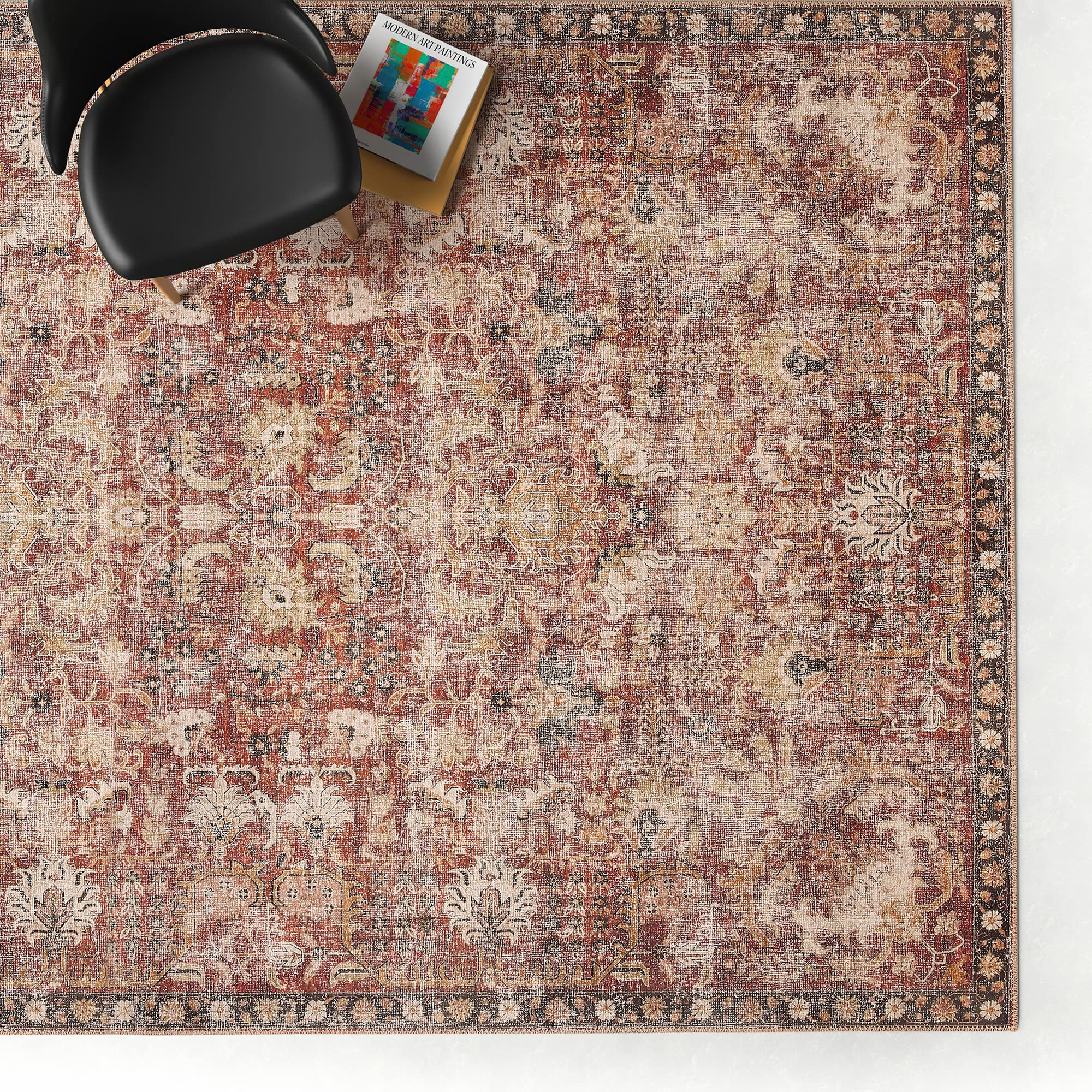 Valenrug Washable Rug 5x7 - Ultra-Thin Antique Collection Area Rug, Stain Resistant Rugs for Living Room Bedroom, Distressed Vintage Rug(Orange, 5'x7')