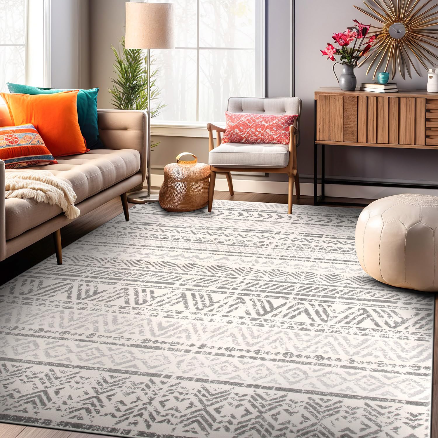 Rugshop Geometric Boho Perfect for high traffic areas of your Living Room,Bedroom,Home office,Kitchen Area Rug 5' x 7' Gray