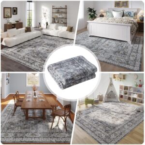 Rugcomf Area Rug 5x7 Washable Rug Boho Rug Soft Non-Slip Non-Shedding Faux Wool Vintage Rug for Living Room, Bedroom Rug, Farmhouse, Dining Room, Indoor, Kids Playroom (Grey and Brown)