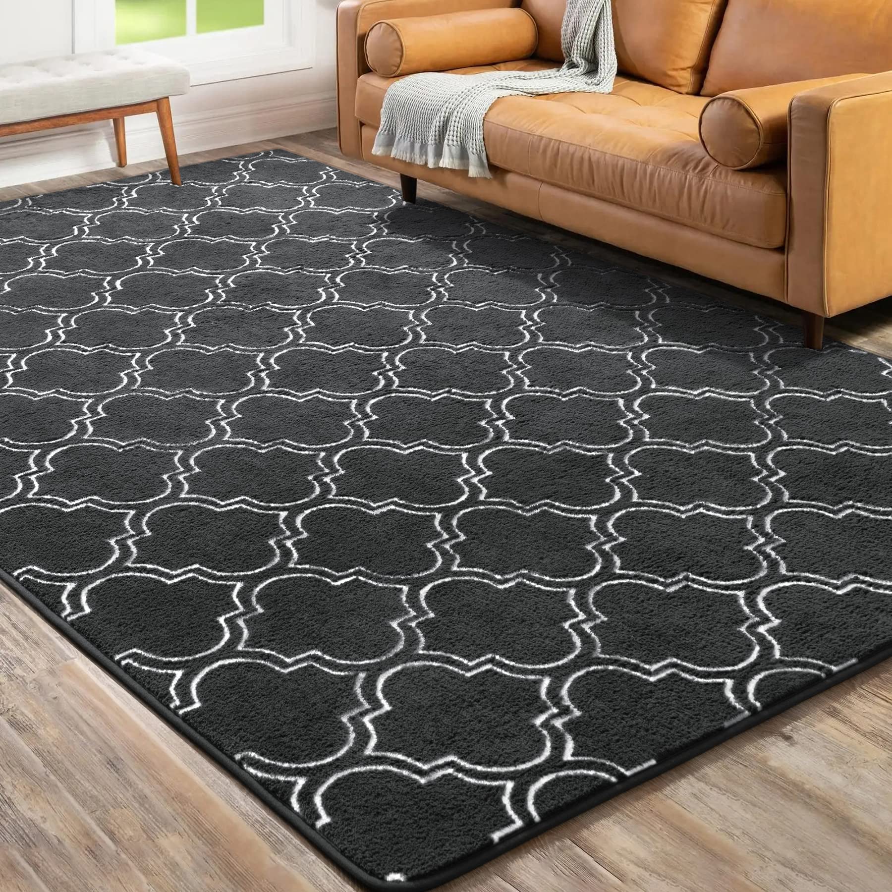 Chicrug Shag Geometric Modern Area Rug for Bedroom, 4x6 Feet Memory Foam Indoor Carpet, Fluffy Rug for Living room Bedside Room Decor for Family Girls Kids Nursery Play Mat, Dark Grey/White