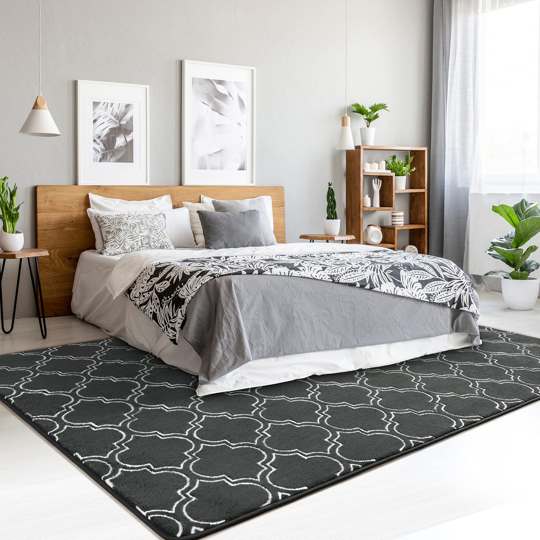 Chicrug Shag Geometric Modern Area Rug for Bedroom, 4x6 Feet Memory Foam Indoor Carpet, Fluffy Rug for Living room Bedside Room Decor for Family Girls Kids Nursery Play Mat, Dark Grey/White