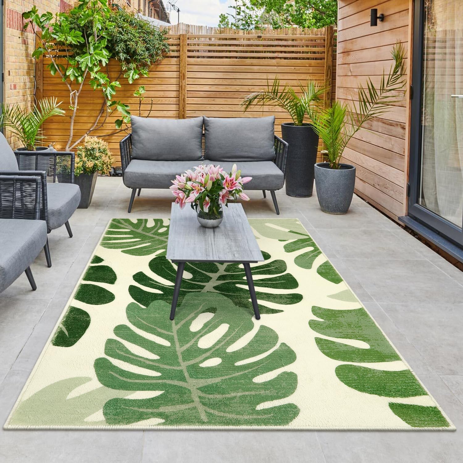 Lukinbox Leaf Indoor Outdoor Area Rugs for Patio, 5x7 Green Washable Living Room Rug Tropical Monstera Plant Non-slip Bedroom Rugs, Large Accent Area Carpets for Dinning Room Porch