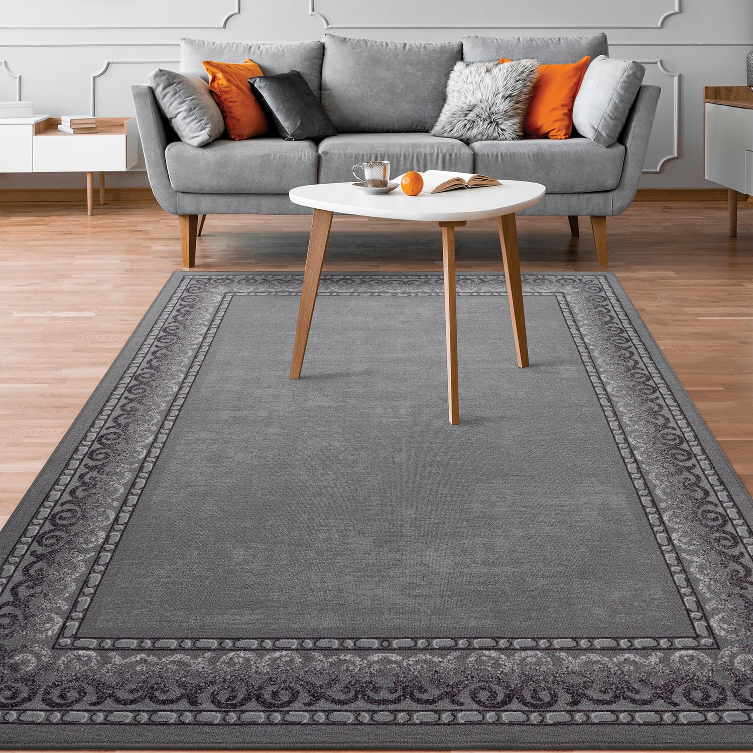 Antep Rugs Alfombras Bordered Modern 5x7 Non-Slip (Non-Skid) Low Pile Rubber Backing Indoor Area Rug (Gray, 5' x 7')