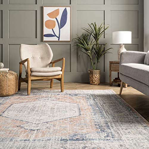 nuLOOM 5x8 Machine Washable Rain Haven Vintage Medallion Area Rug, Peach, Traditional Faded Design, Non-Slip Backing, Stain Resistant, For Bedroom, Dining Room, Living Room, Kitchen