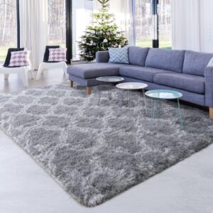 unirea luxury shag rugs for living room 5x8 feet geometric plush fluffy modern area rugs,extra soft and comfy carpet for bedroom kids dorm nursery playroom home decor, light grey/white