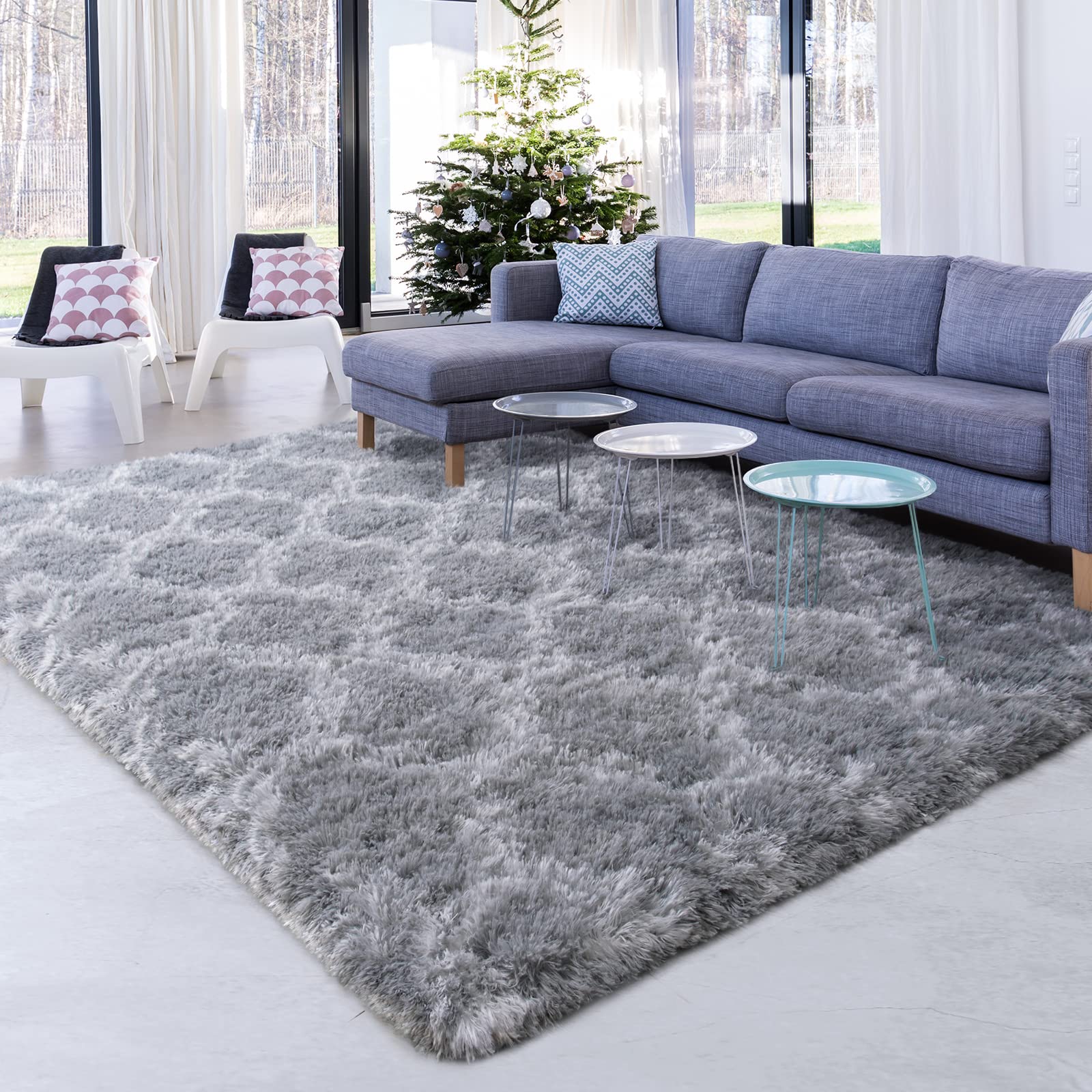 Unirea Luxury Shag Rugs for Living Room 5x8 Feet Geometric Plush Fluffy Modern Area Rugs,Extra Soft and Comfy Carpet for Bedroom Kids Dorm Nursery Playroom Home Decor, Light Grey/White