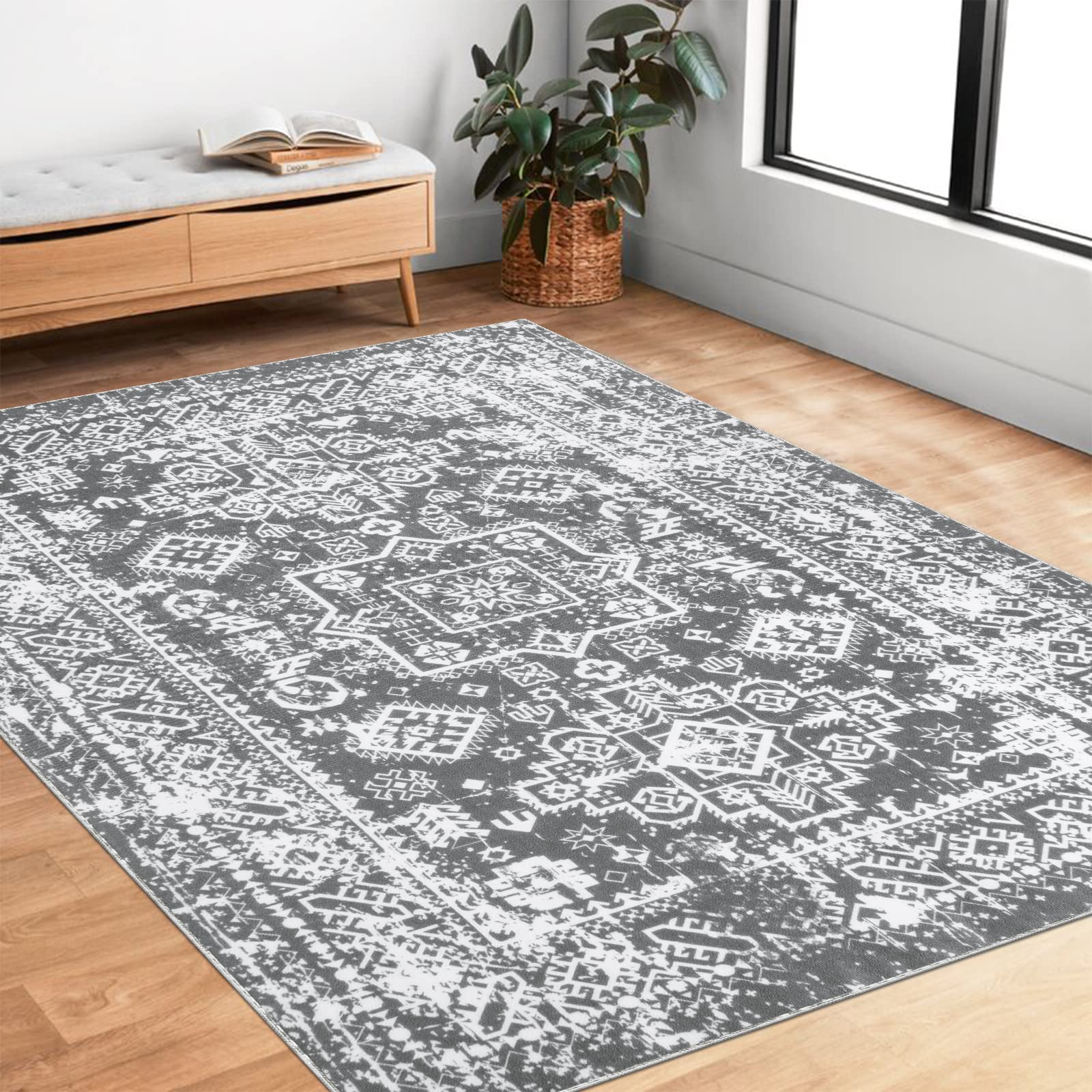 Pauwer Vintage Boho Area Rug 5'X 7', Non-Slip Distressed Area Rug Accent Throw Low Pile Rugs, Non-Shedding Madallion Floor Carpet for Bedroom Living Room Dining Home Office, Grey