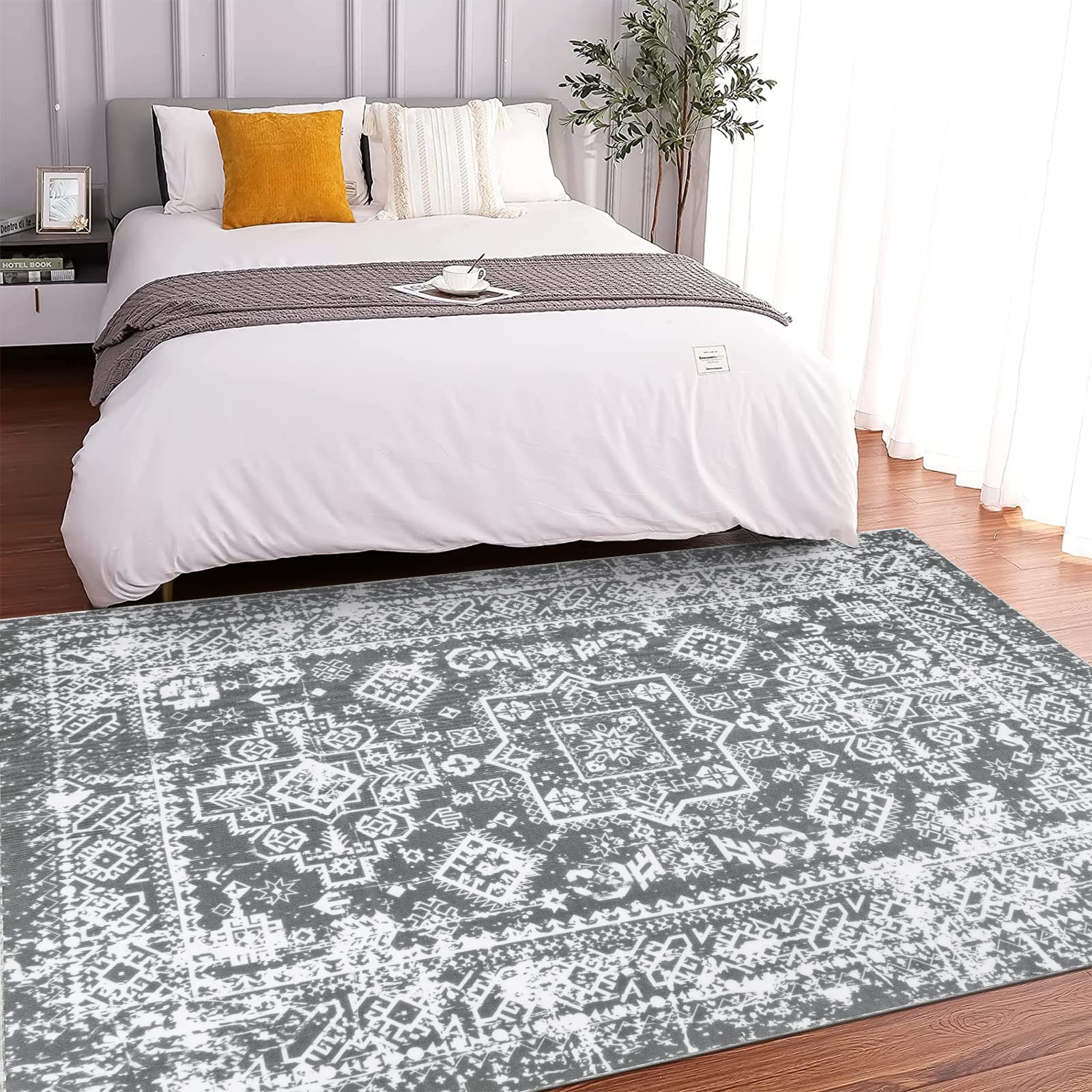 Pauwer Vintage Boho Area Rug 5'X 7', Non-Slip Distressed Area Rug Accent Throw Low Pile Rugs, Non-Shedding Madallion Floor Carpet for Bedroom Living Room Dining Home Office, Grey