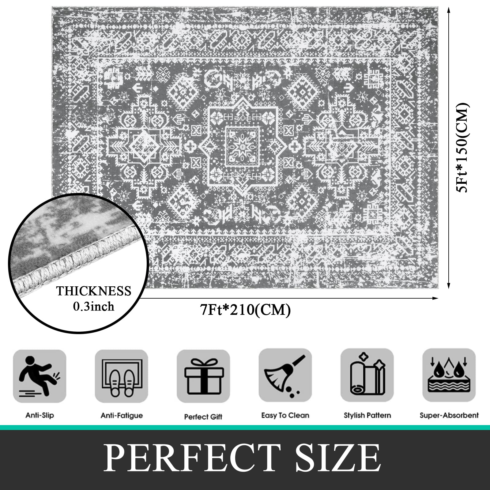 Pauwer Vintage Boho Area Rug 5'X 7', Non-Slip Distressed Area Rug Accent Throw Low Pile Rugs, Non-Shedding Madallion Floor Carpet for Bedroom Living Room Dining Home Office, Grey