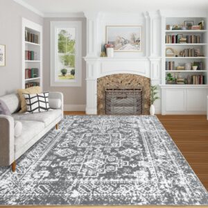 Pauwer Vintage Boho Area Rug 5'X 7', Non-Slip Distressed Area Rug Accent Throw Low Pile Rugs, Non-Shedding Madallion Floor Carpet for Bedroom Living Room Dining Home Office, Grey