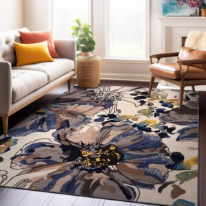 rugshop modern bright flowers non-slip (non-skid) area rug 5 x 7 (5' 3" x 7' 3") cream