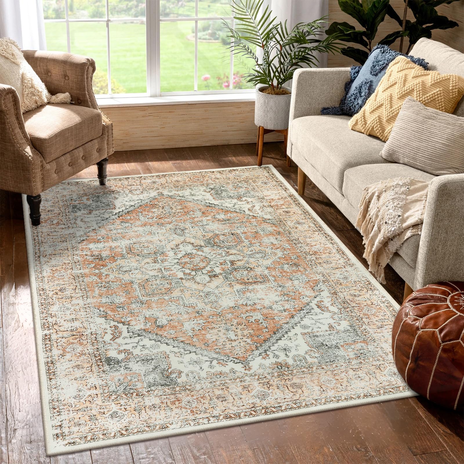 Moespace Washable Area Rug 5x7 ft, Oriental Living Room Rug Boho Nursery Rug for Bedroom, Non-Slip Carpet Print Distressed Retro Entryway Rug for Laundry Dining Room Office Hall, Orange