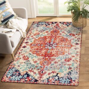 lahome bohemian floral medallion area rug - 4x6 oriental distressed bedroom rug country vintage faux wool indoor throw mat non-slip washable low-pile carpet for bathroom living kitchen laundry room