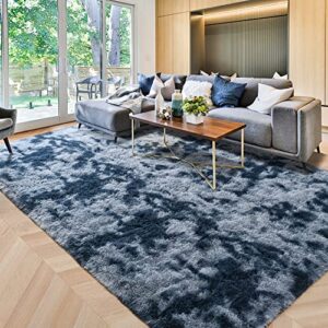 iseau super soft rugs for living room shaggy area rug, 5x8 feet tie-dye shaggy area rug fluffy rugs for bedroom, non-slip abstract fuzzy rugs dorm shag rugs for girls boys kids room, dark blue