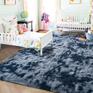 ISEAU Super Soft Rugs for Living Room Shaggy Area Rug, 5x8 Feet Tie-Dye Shaggy Area Rug Fluffy Rugs for Bedroom, Non-Slip Abstract Fuzzy Rugs Dorm Shag Rugs for Girls Boys Kids Room, Dark Blue