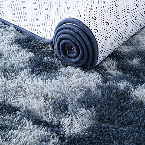 ISEAU Super Soft Rugs for Living Room Shaggy Area Rug, 5x8 Feet Tie-Dye Shaggy Area Rug Fluffy Rugs for Bedroom, Non-Slip Abstract Fuzzy Rugs Dorm Shag Rugs for Girls Boys Kids Room, Dark Blue