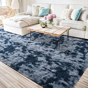 ISEAU Super Soft Rugs for Living Room Shaggy Area Rug, 5x8 Feet Tie-Dye Shaggy Area Rug Fluffy Rugs for Bedroom, Non-Slip Abstract Fuzzy Rugs Dorm Shag Rugs for Girls Boys Kids Room, Dark Blue