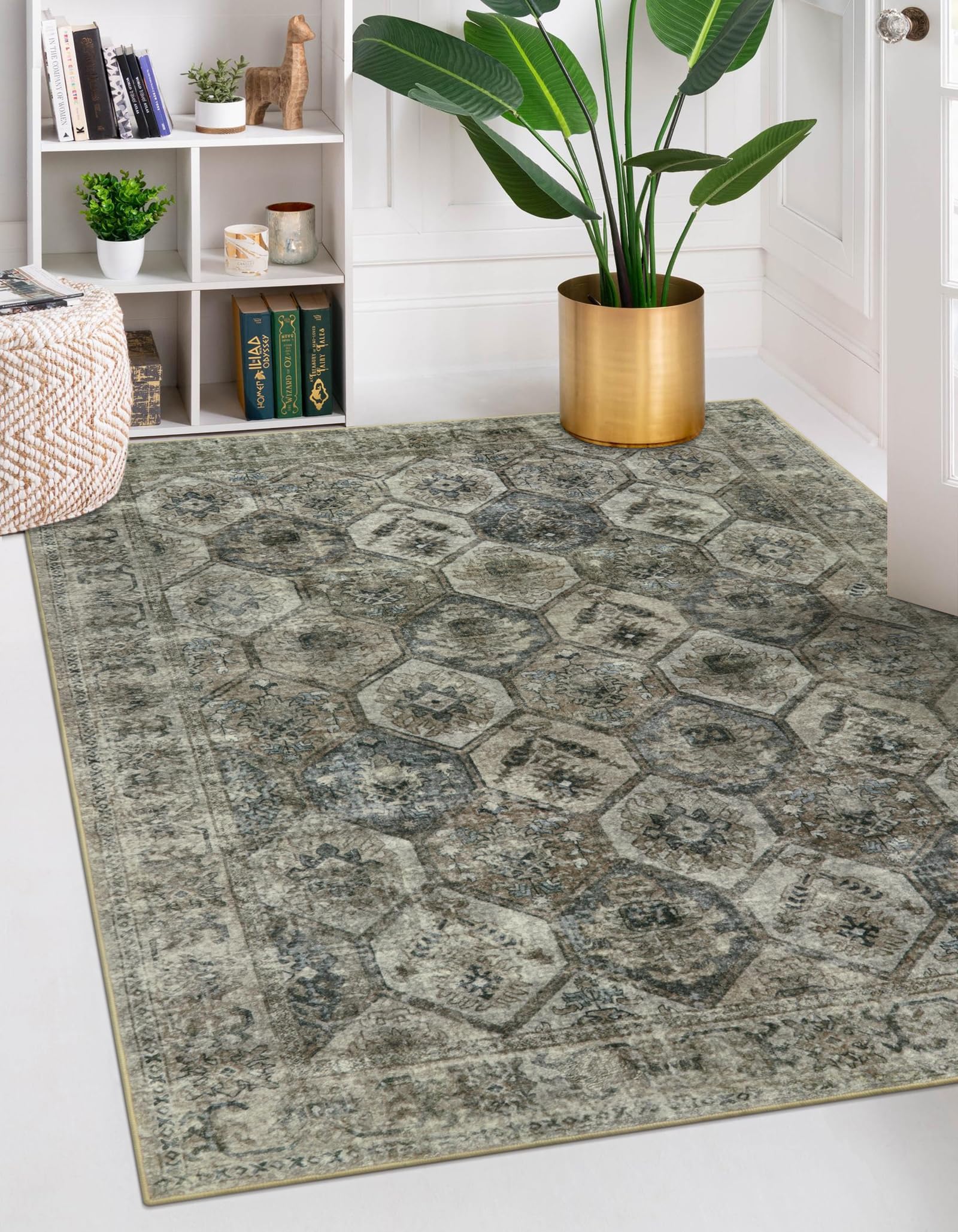 Lahome 5x7 Area Rugs 5 x 7 Dining Room Rugs for Under Table Large Washable Dining Room Rug,Moroccan Trellis Non Slip Non Shedding Indoor Carpet for Living Room Bedroom,Antique/Moss