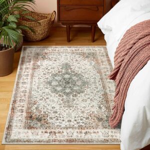 Moespace Oriental Area Rug - 3x5 Washable Rug Boho Non-Slip Indoor Rug for Kitchen Entryway, Low-Pile Front Door Mat Print Distressed Accent Rug for Bedroom Entry Foyer Laundry, Taupe