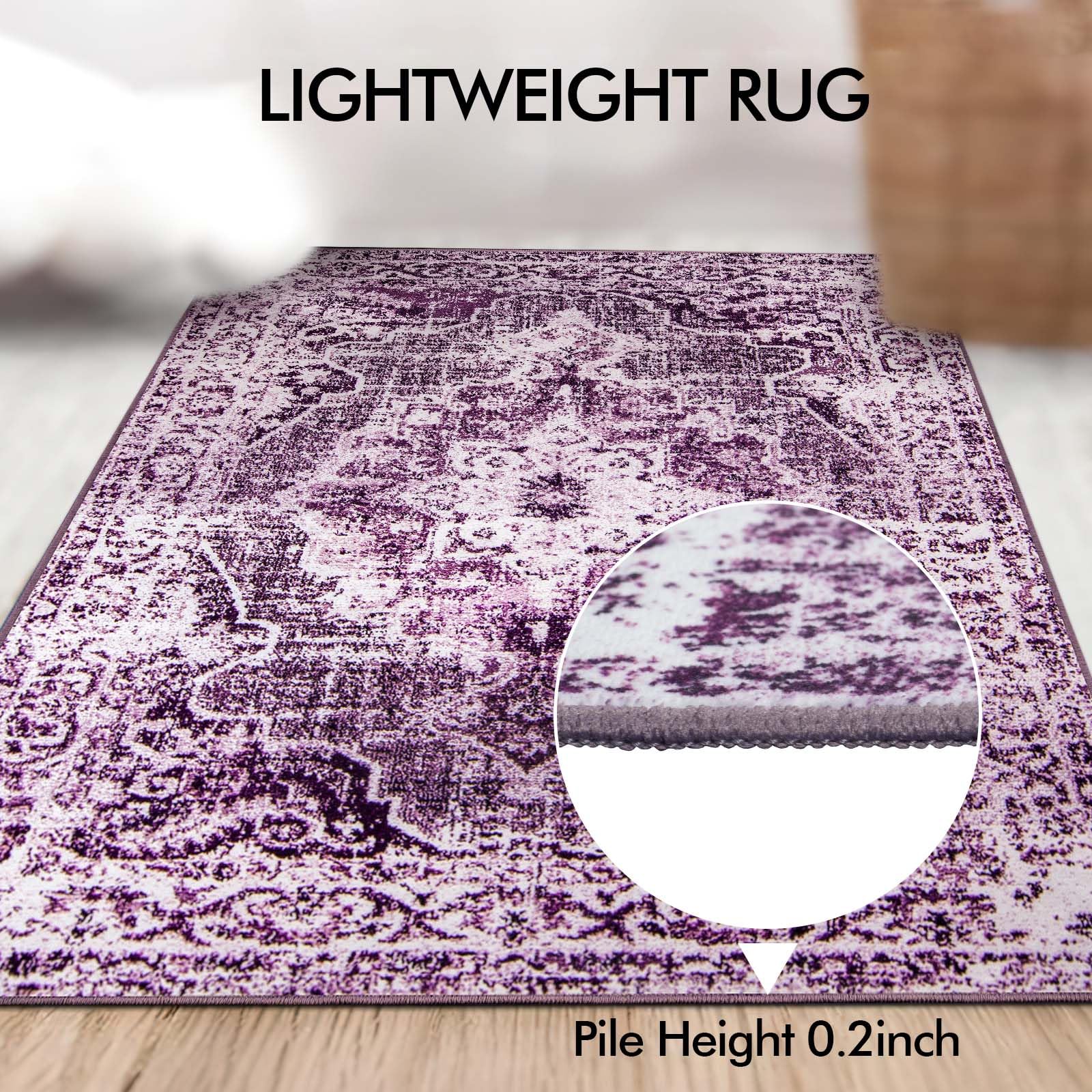 Washable Area Rug 5X7,Purple Bohemian Medallion Area Rug Vintage Living Room Rug Entrance Carpet Non-Slip Throw Rug for Bedroom Living Room Kitchen Laundry Room Entryway