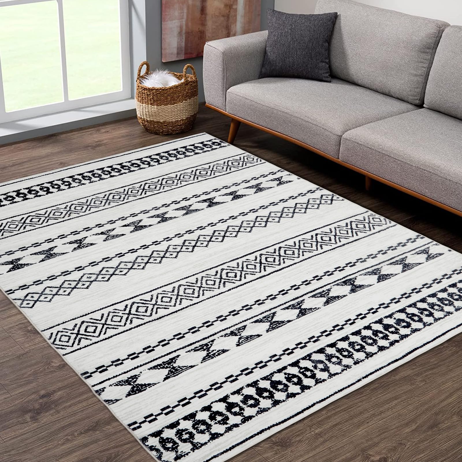 Zacoo Bohemian 5x7 Area Rugs for Living Room Non Slip Rugs Geometric Abstract Area Rug Low Pile Floor Carpet Throw Rug Bedroom Decor Non Shedding Area Rugs Dining Room Nursery Room Decor, Grey/White