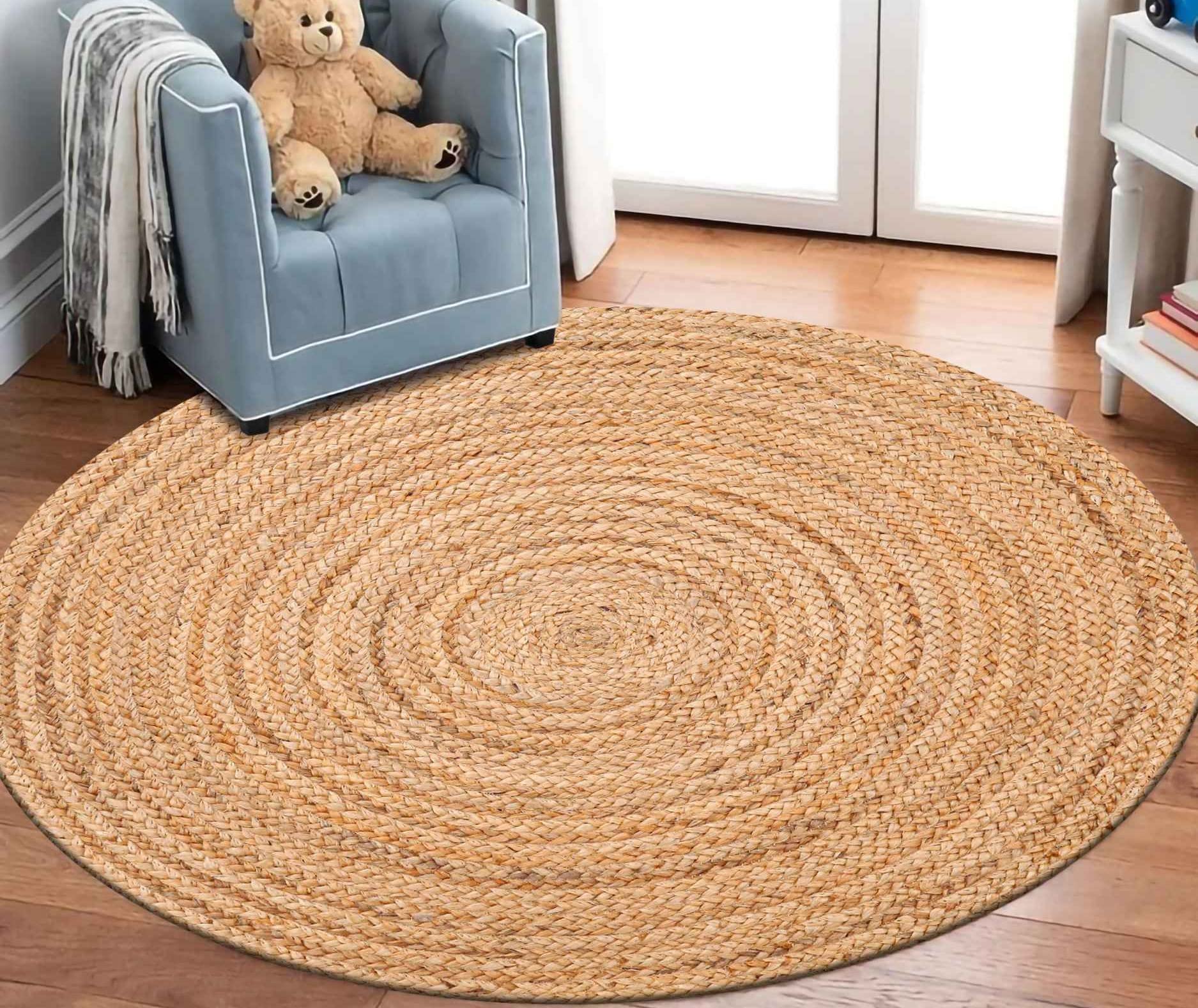 Bedding Craft Jute Rug 4 ft,Hand Woven Rug,Round Natural Yarn, Rustic Vintage Beige Braided Reversible Rug, Eco Friendly Rugs for Bedroom, Kitchen, Living Room