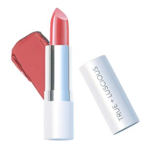 true + luscious super moisture lipstick – clean, vegan and cruelty free – lasting hydration for dry lips with a satin finish – just peachy