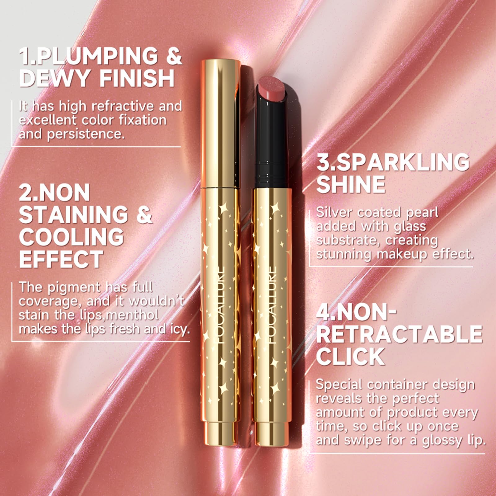 FOCALLURE Shimmer Lipstick,Moisturizing Plumping Lip Gloss,Shimmery Glossy Finish,Hydrating,Long Lasting,Non-Stick Cup Lip Makeup,High Shine for Plumper Looking Lips,Ardor