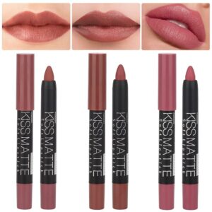 evpct 3Pcs Nude Beige Matte Lip Liner Crayon Pencil and Lipstick Set Chestnut Brown Mauve Thick Matte 24 Hour Long Lasting Waterproof Lipstick 5&6&9