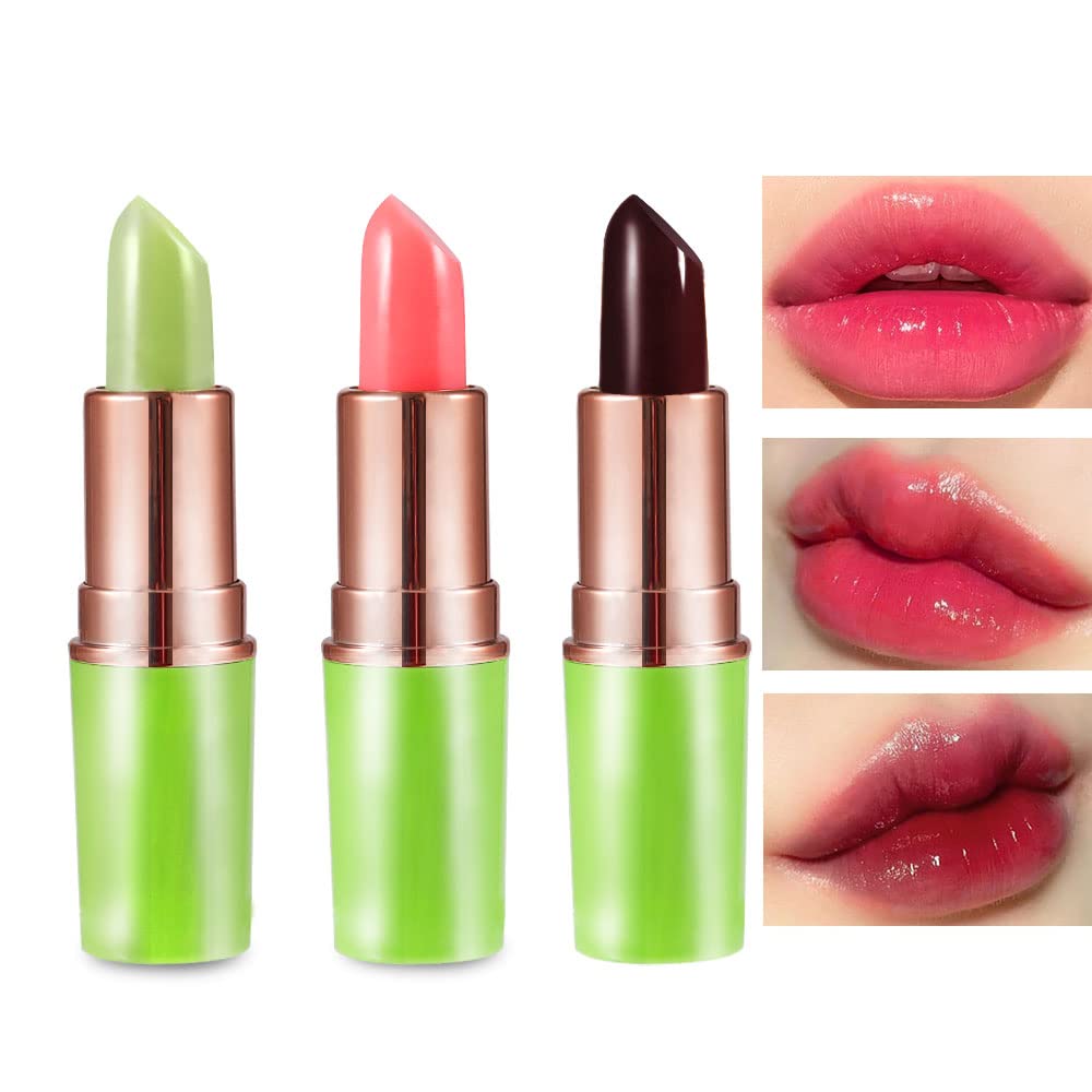 BINGBRUSH Color Changing Lipstick Queen,PH Mood Long Lasting Lip Gloss Korean Lip Balm Tinted Magic Makeup Moisturize Lipstick Set (3Pcs Aloe+Strawberry+Cherry, 3 Count (Pack of 1))