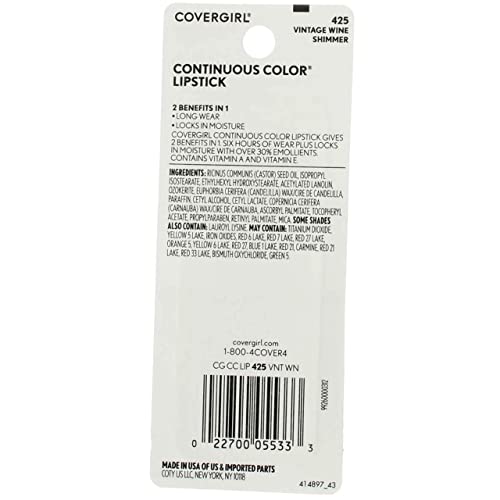 CoverGirl Continuous Color Lipstick, Vintage Wine (425), 2 Pack