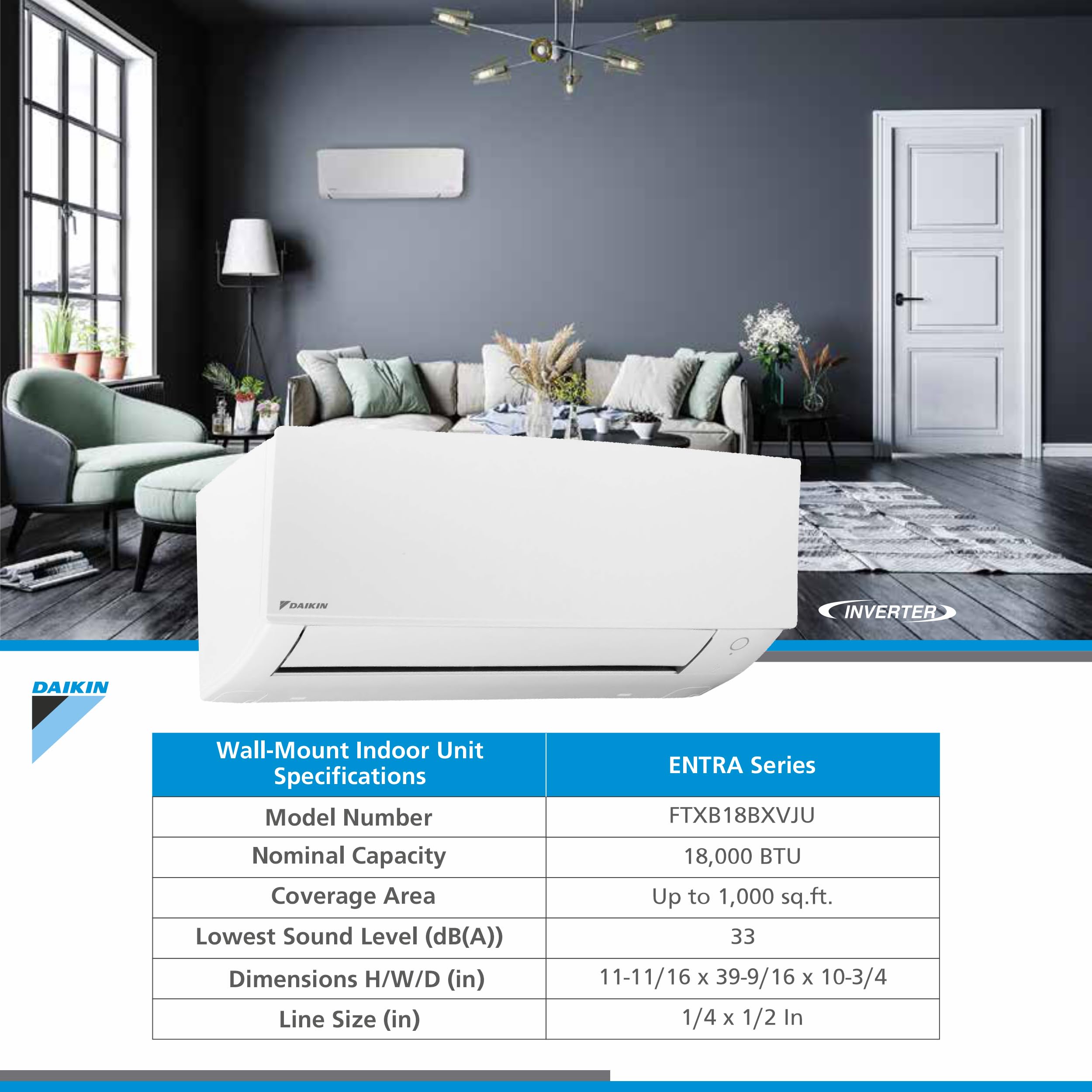 Daikin 18,000 BTU 18 SEER2 Entra Series Ductless Mini Split Heat Pump System w/MAXWELL 16’ Installation Kit and Wall Mounting Bracket (230V)