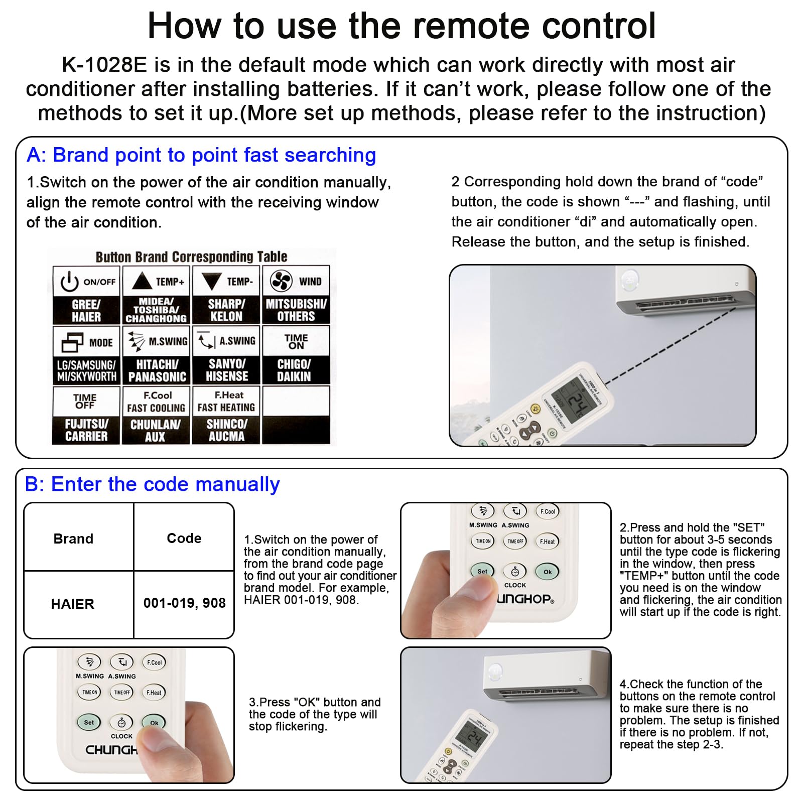 All in One K-1028E Universal A/C Air Conditioner Remote Control 1000 in 1 Controller for LG Gree Midea Toshiba Haier Daikin Hitachi Sharp Panasonic Samsung Sanyo Hisense Fujitsu Air Condition