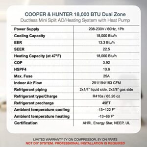 Cooper & Hunter Dual 2 Zone 9,000 + 9,000 BTU Ductless Mini Split AC/Heating System, Pre-Charged, 22.5 SEER, Including 25ft Copper Line Set And Communication Wires