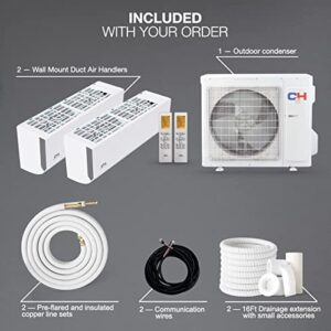 Cooper & Hunter Dual 2 Zone 9,000 + 9,000 BTU Ductless Mini Split AC/Heating System, Pre-Charged, 22.5 SEER, Including 25ft Copper Line Set And Communication Wires