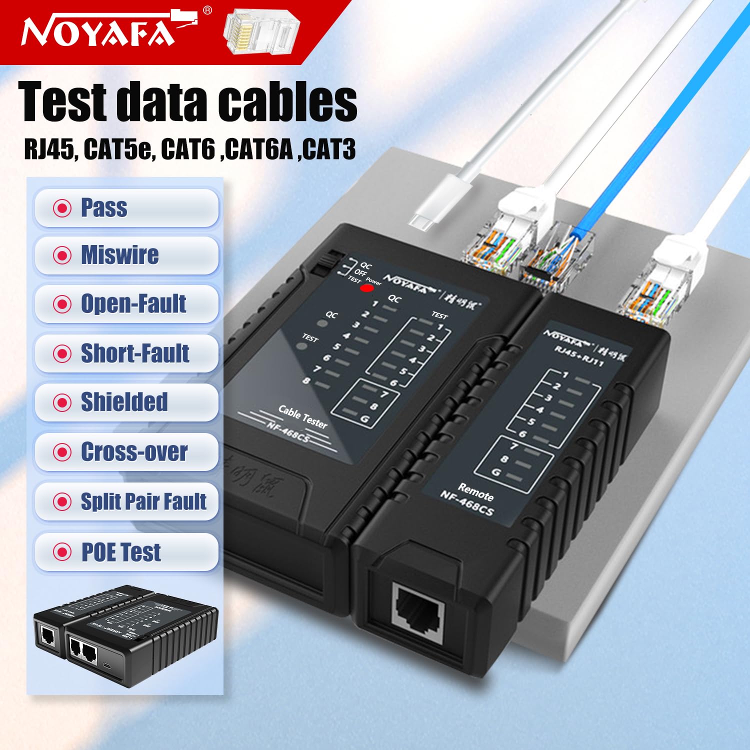 NOYAFA NF-468CS Network Cable Tester Telephone & Continuity Tester Ethernet Cable Mapper for RJ45/RJ11/RJ12/CAT5/CAT6/POE Test UTP/STP Network Test Tool (Black)