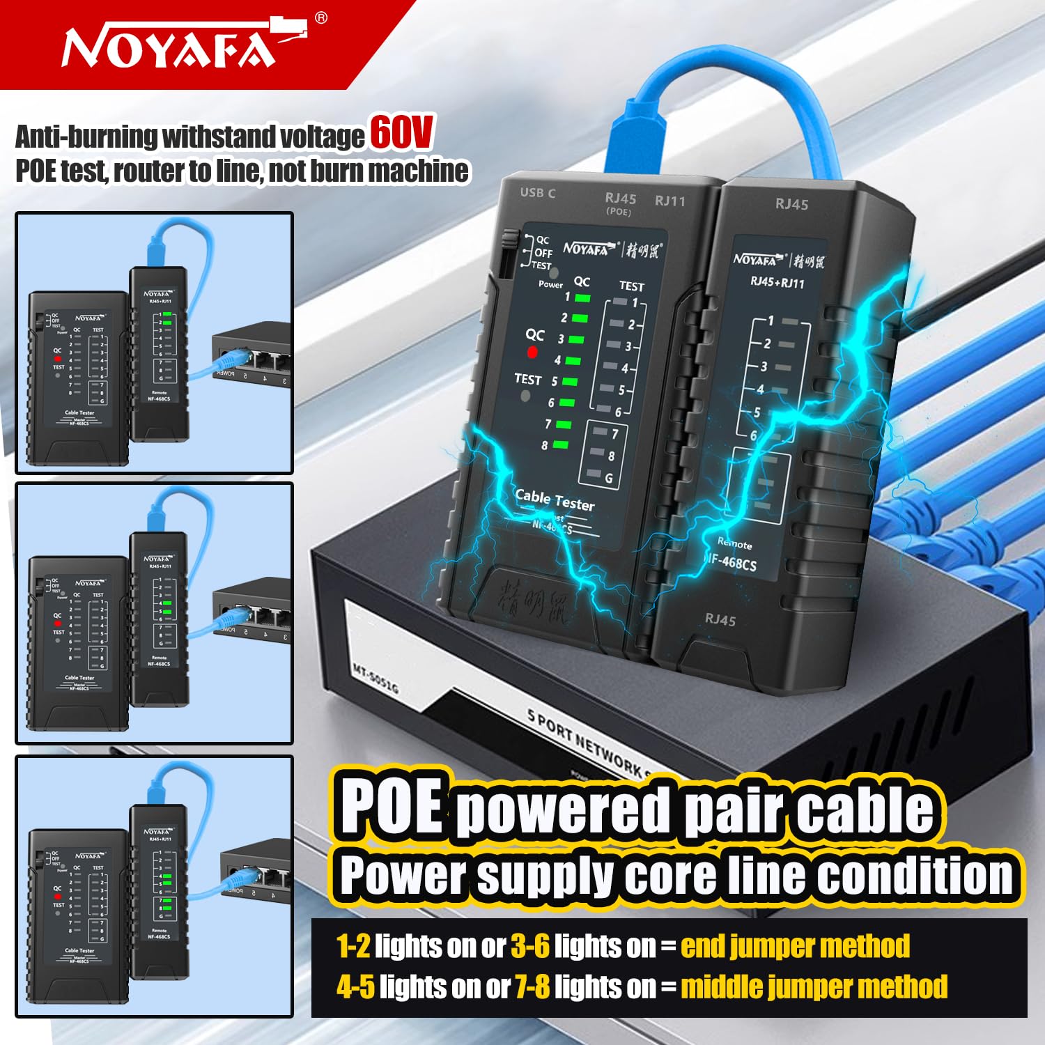 NOYAFA NF-468CS Network Cable Tester Telephone & Continuity Tester Ethernet Cable Mapper for RJ45/RJ11/RJ12/CAT5/CAT6/POE Test UTP/STP Network Test Tool (Black)