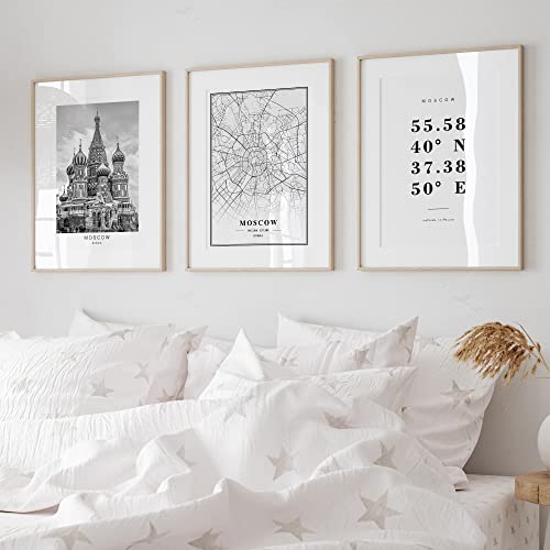 Dear Mapper Moscow Russia View Abstract Road Modern Map Art Minimalist Painting Black and White Canvas Line Art Print Poster Art Print Poster Home Decor (Set of 3 Unframed) (16x24inch)