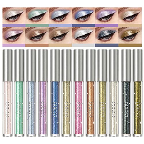 BestLand 12 Colors Liquid Glitter Eyeshadow Set, Multi-dimensional Metallic Glitter Shimmer Smokey Eye Looks Waterproof Long Lasting Quick-Drying Sparkling Eye Shadow Makeup Kits (Color A)