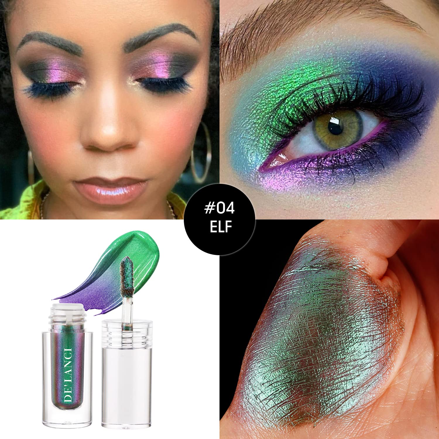 Chameleon Eyeshadow Liquid Glitter Eye Makeup, High Pigment Intense Color Shifting Green Violet Metallic Eye Shadow, Holographic with No Creasing Metal Glitter and Glow Liquid Eyeshadow,1.6g (#04 ELF)