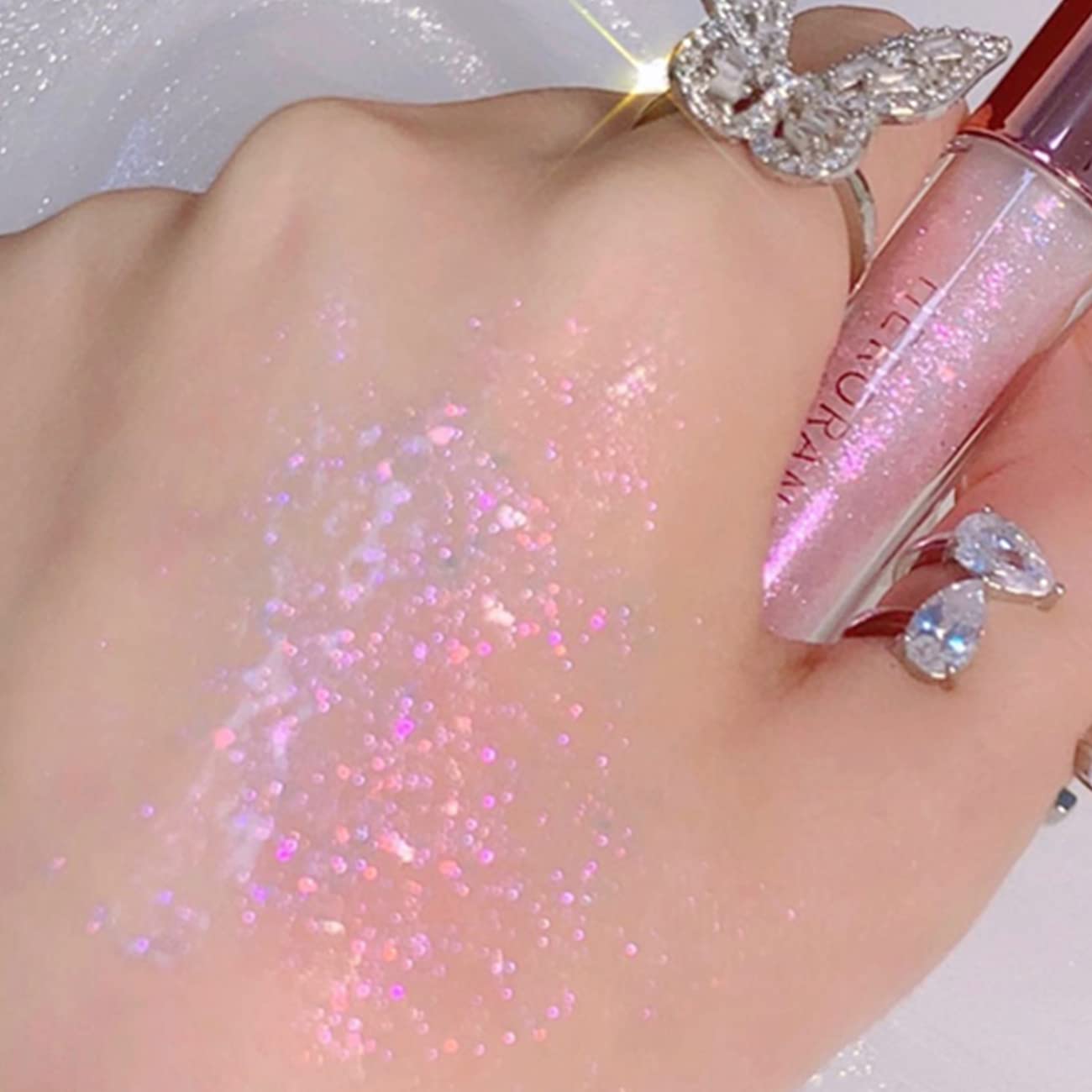 KWOLYKIM Liquid Glitter Eyeshadow, Long Lasting, Quick Drying, Easy to Apply, Loose Bling Glitter Diamond Pigmented Glue for Eye Crystals Makeup (Sparkling Pink Purple Sequins)