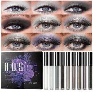 MAEPEOR Liquid Glitter Eyeshadow Set 9 Colors Black Grey Silver Smokey Eyeshadow Longlasting Waterproof Smooth Creamy Eyeshadow Set (9 Colors Set 1)