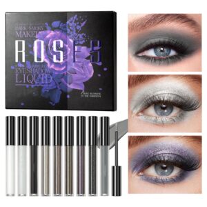 MAEPEOR Liquid Glitter Eyeshadow Set 9 Colors Black Grey Silver Smokey Eyeshadow Longlasting Waterproof Smooth Creamy Eyeshadow Set (9 Colors Set 1)