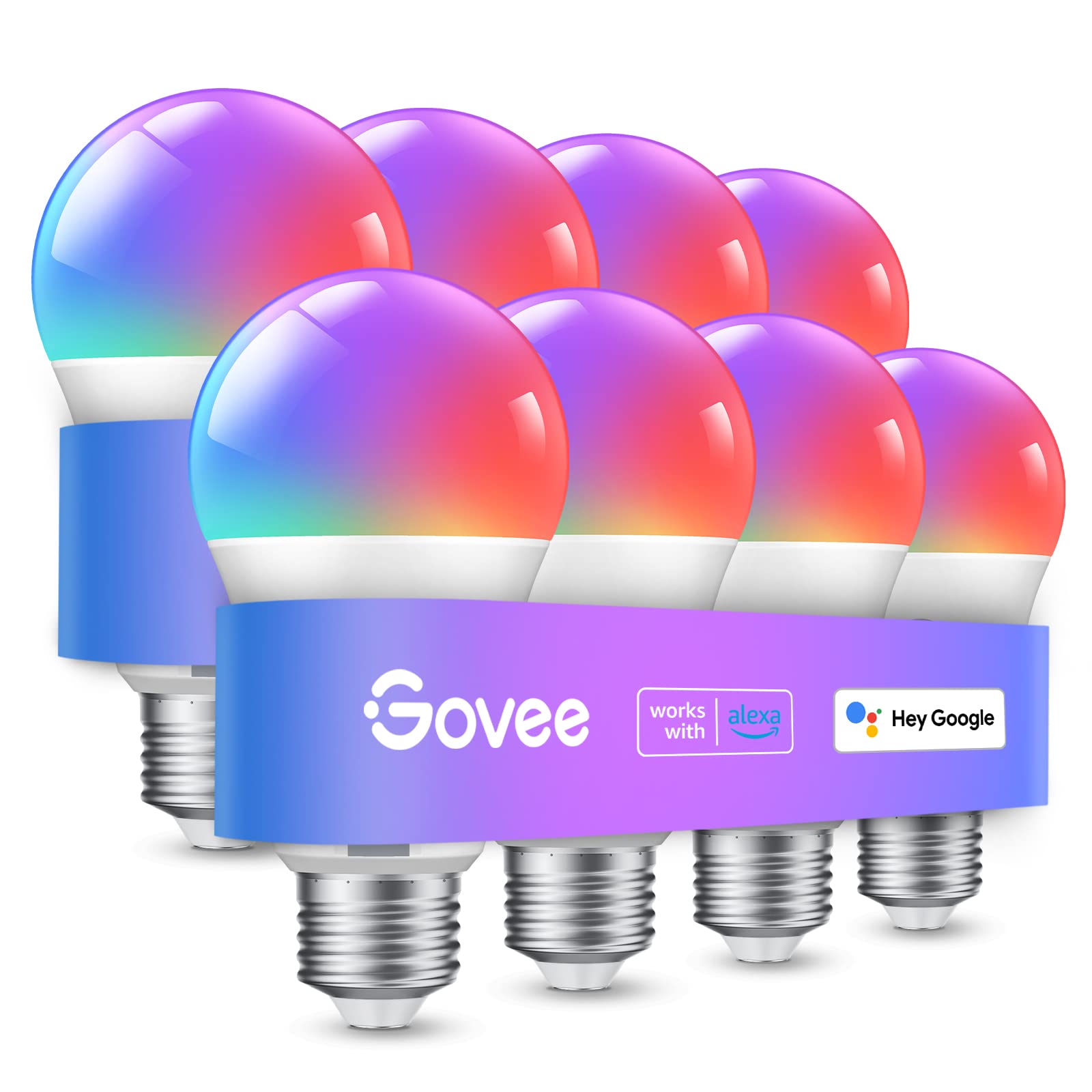 Govee Smart Light Bulbs, WiFi Bluetooth Color Changing Light Bulbs, Music Sync, 54 Dynamic Scenes, 16 Million DIY Colors RGB Light Bulbs, Work with Alexa, Google Assistant, 800 Lumen, 8 Pack