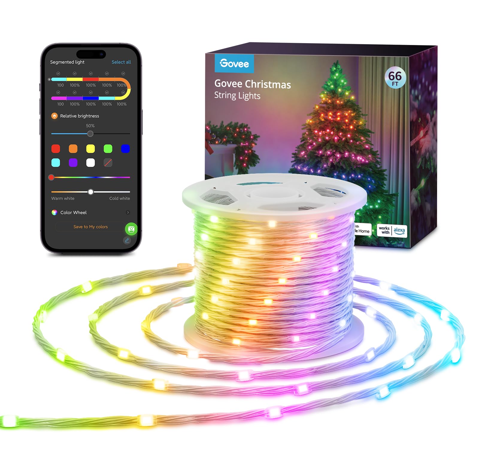 Govee 66ft String Lights, Smart RGBIC Rope Lights Indoor with 99+ Preset Scene Modes, IP65 Waterproof Christmas LED Lights Outdoor, Sync with Music, Works with Alexa, Holiday Home Party Decoration