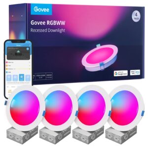 govee smart recessed lighting 6 inch, wi-fi bluetooth direct connect rgbww led downlight, 65 scene mode, work with alexa & google assistant with junction box, 1100 lumen, 4 pack